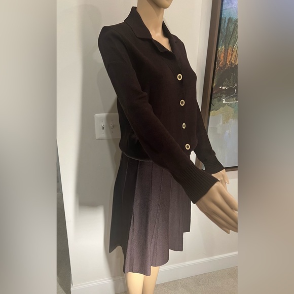 St. John Chocolate button down sweater with gold buttons& matching skirt - Picture 2 of 5